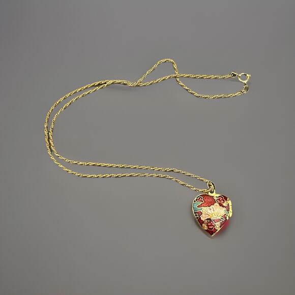 Lovely Gold Tone & Cloisonné Butterfly Puffy Heart Necklace - Picture 2 of 4